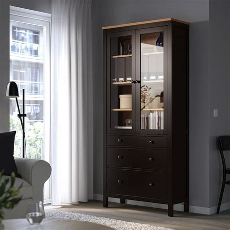 HEMNES glass-door cabinet with 3 drawers, black-brown/light brown ...