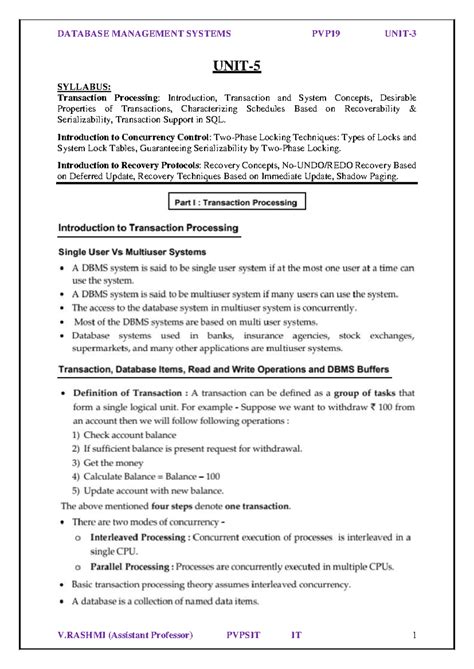 PVP19 DATABASE MANAGEMENT SYSTEMS UNIT-5 SYLLABUS & NOTES - Studocu