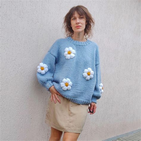 3D Flowers Sweater, Chamomile Sweater, Handmade Oversize Sweater With ...