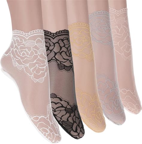 Tyqour 5-Pairs Women's Mesh Lace Socks - Sheer Fishnet Ankle Loose ...