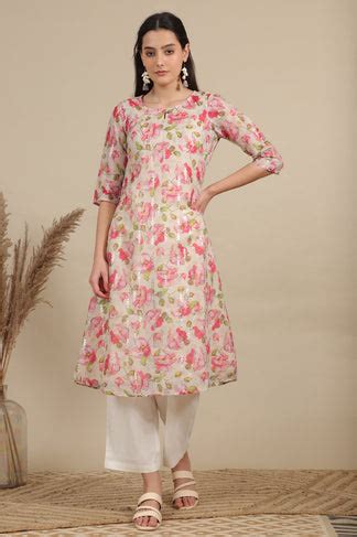 Buy Beige Digital and Foil Floral Printed Sheer A-line Kota Kurta ...