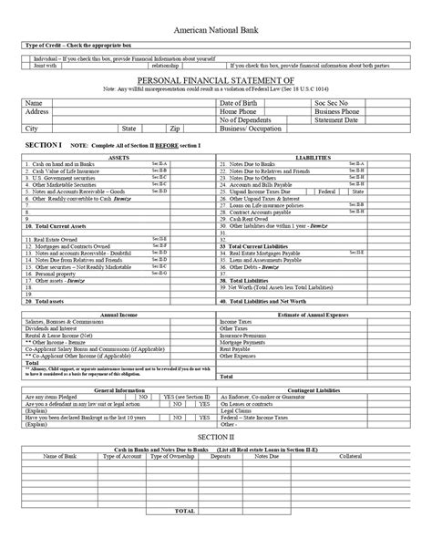ANB American National Bank - Personal Financial Statement Form in PDF