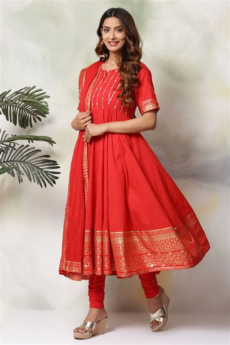 Red Cotton Anarkali Kurta Churidar Suit Set