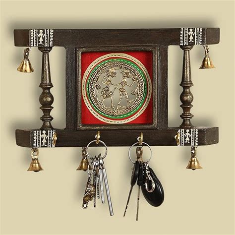ExclusiveLane 'Brass People On Teak Wood' Warli Handpainted Wooden Key ...