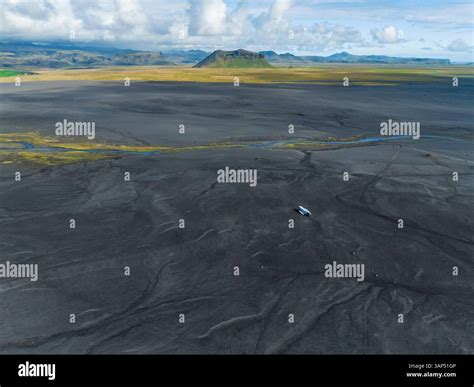 Aerial view of glacial outwash plain Solheimasandur with plane wreck of ...