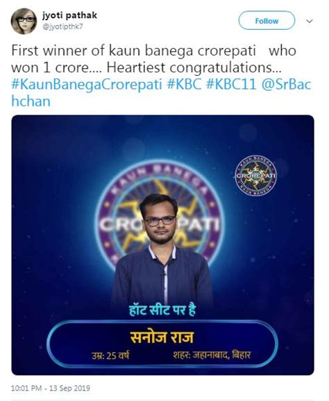 Netizens congratulate Sanoj Raj for becoming first crorepati of KBC 11