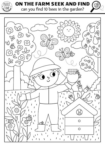 Vector boerderij zoeken zwart-wit spel met landelijk dorp landschap ...