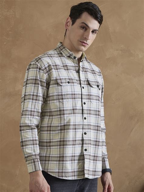 Buy Cream & Brown Tartan Checks Double Pocket Oversized Casual Shirt ...