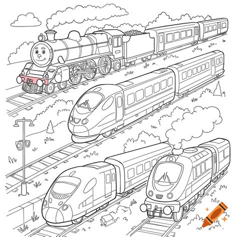 A black and white coloring page featuring a steam locomotive and ...