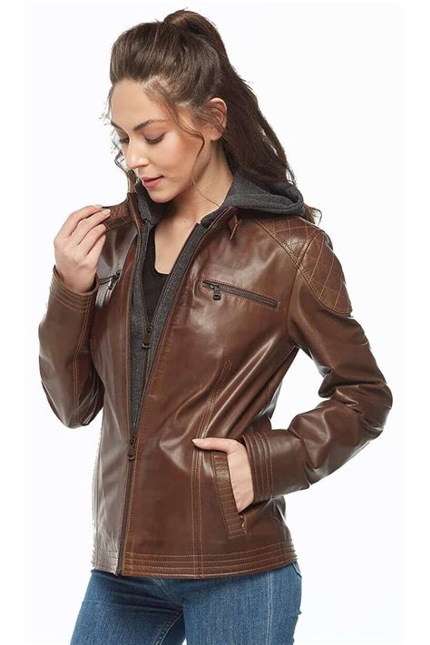 Denise Women's 100 % Real Chocolate Brown Leather Hooded Jacket