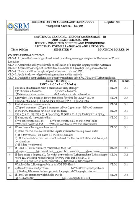 18CSC301T - Continuous Learning Assessment III in Formal Language and ...