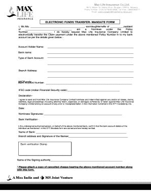 Max Life Insurance EFT Mandate Form - Blank Fillable Template | Fill ...