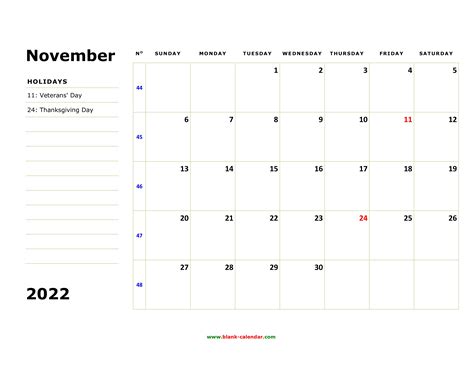 November Calendar 2022 Thanksgiving
