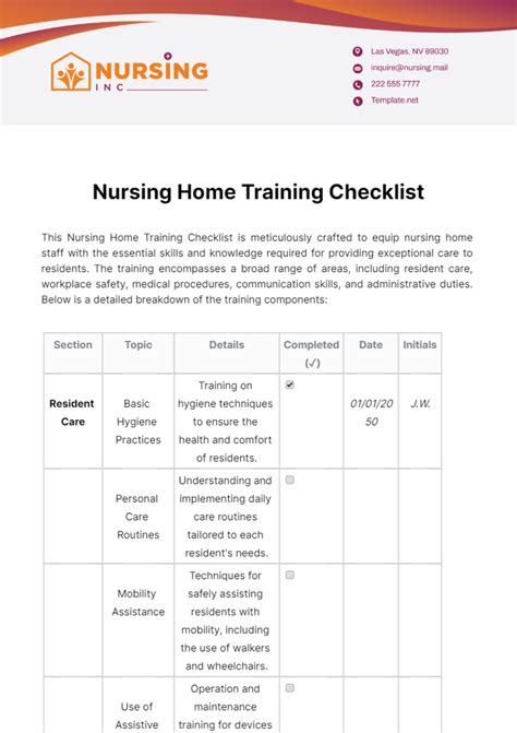 Free Nursing Home Training Checklist Template to Edit Online