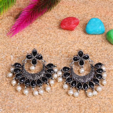 Black Stone Studded Statement German Silver Dangler Earrings – StylishKudi