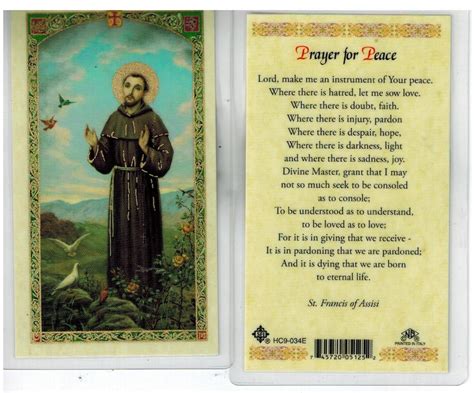 Laminated Prayer Card of St Francis “Prayer for Peace”
