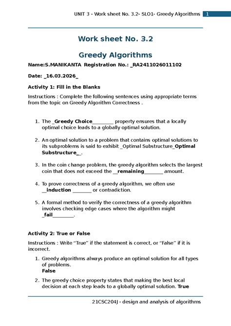 21CSC204J Unit 3 Worksheet: Greedy Algorithms Activities & MCQs - Studocu