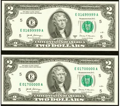 El valor de un par de billetes de 2 dólares de 2017 con número de serie ...