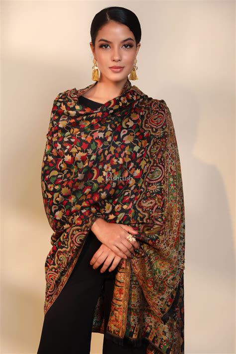 Pashtush women faux pashmina shawl, ethnic weave design, black ...
