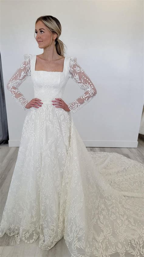 long sleeve bridal gown with square neckline | Long sleeve wedding dress lace, Modest wedding ... - simple square neck wedding dress