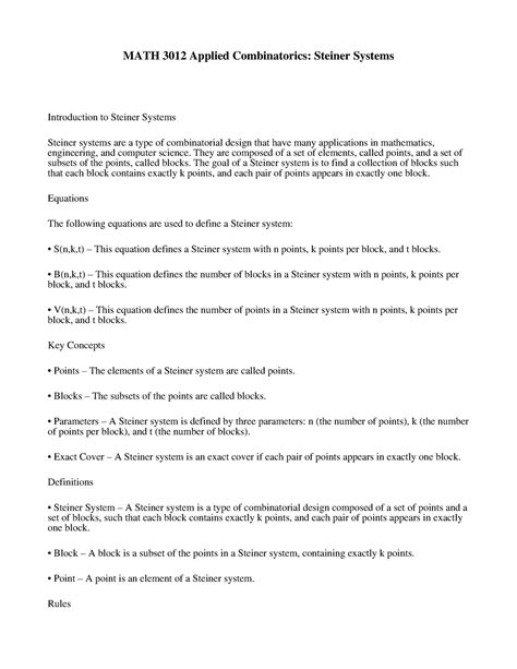MATH 3012 Applied Combinatorics - Steiner Systems classnotes - MATH ...