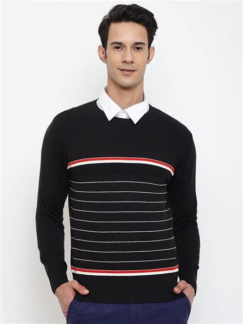 Buy Cantabil Men Black & White Striped Wool Round Neck Pullover ...