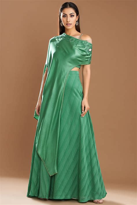 Dark Green Silk Satin Embroidered Off-Shoulder Cape Set – Yashodhara