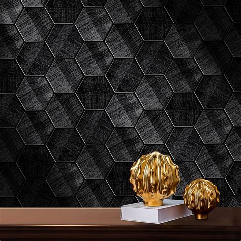 Self Adhesive Black Peel and Stick Wallpaper 15.7" X 118" 3D Hexagon ...