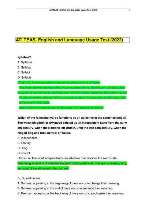 SOLUTION: Ati teas english and language usage test 2022 1 - Studypool