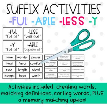 Suffix -ful, -able, -y, and -less Practice and Activities | TPT