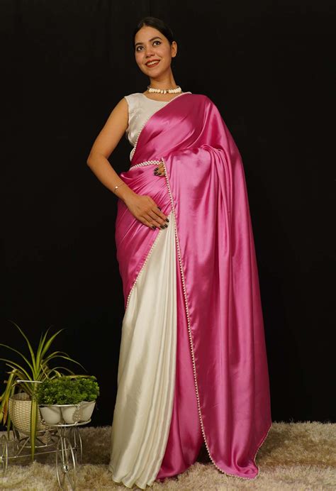 Contrast Pink and White Satin Half And Half With White Moti Lace Wrap
