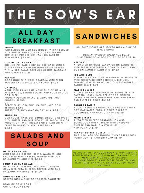 Menu at The Sow's Ear cafe, Verona