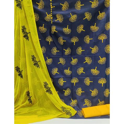 Navy Blue Printed Cotton Dress Material