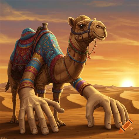 A fantastical camel with a bright red cherry body and human feet stands ...