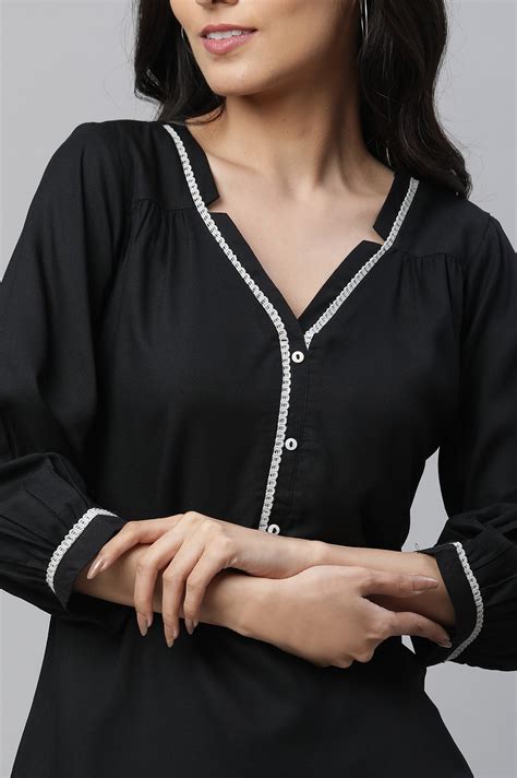 Buy Black Solid Three-Quarter Sleeves V-Neck Rayon Kurti with Lace ...