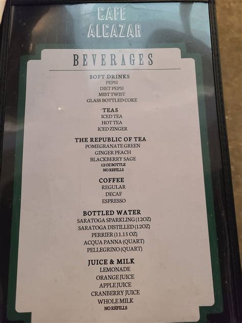 Menu at Café Alcazar cafe, St. Augustine