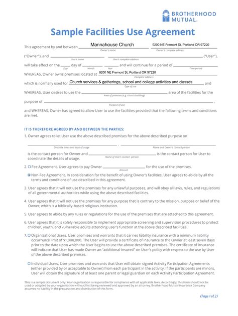 Fillable Online Sample Facilities Use Agreement - Brotherhood Mutual ...