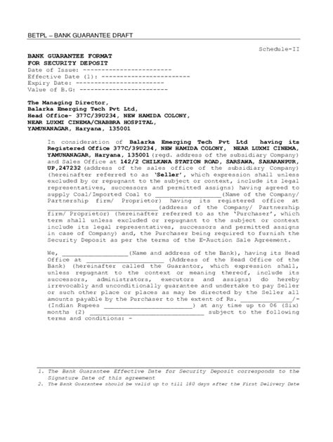 Fillable Online PROFORMA OF BANK GUARANTEE (in lieu of SECURITY ... Fax ...