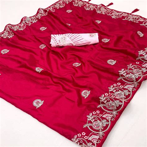 Rani Pink Embroidered Satin Saree with Smooth Texture and Graceful Fes