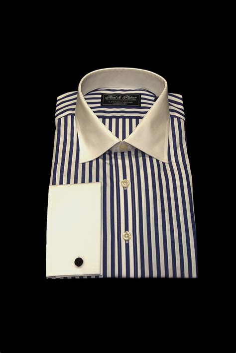 Blue stripe pure cotton white collar and cuff shirt