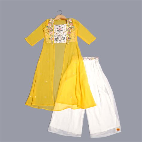 Buy Yellow Floral Embroidery Girls Palazzo with Shrug – Mumkins