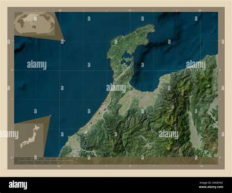 Ishikawa, prefecture of Japan. High resolution satellite map. Locations of major cities of the ...