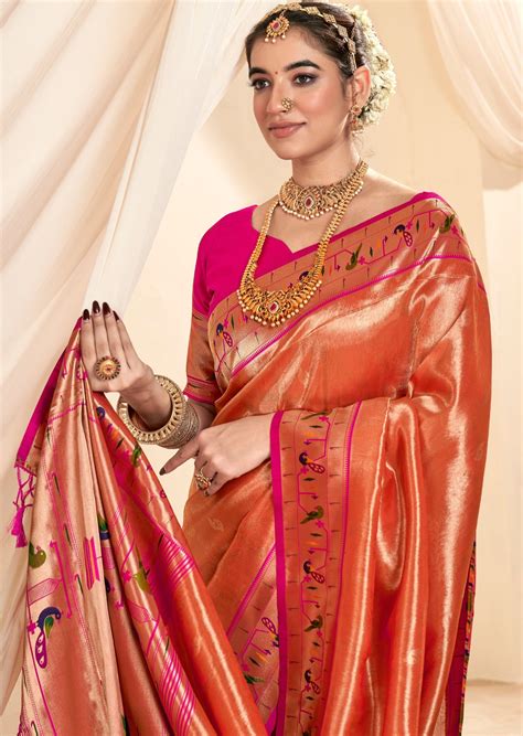 Handloom Paithani Tissue Silk Peach Bridal Saree Online For Wedding ...