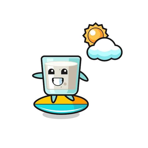 Illustration der Milchkarikatur surfen am Strand | Premium Vektor