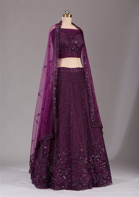Buy Wine Sequins Net Semi-Stitched Lehenga - Koskii