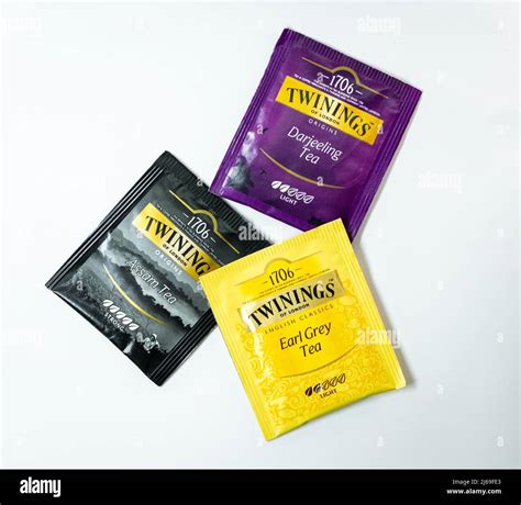 A packet of Twinings Darjeeling Tea, Assam Tea and Earl Grey tea on a ...