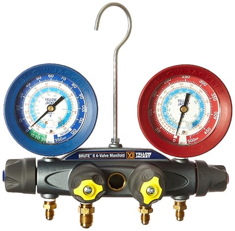 Yellow Jacket 46040 Brute II 4-Valve Manifold with Red/Blue Gauges, psi ...