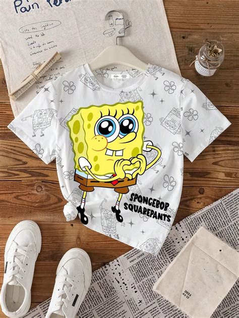 SpongeBob SquarePants X SHEIN Tween Girl Summer Casual Crew Neck Short ...