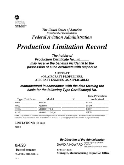FAA Production Limitation Record - Blank Fillable Template | Fill Out ...