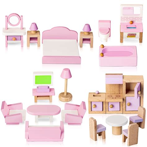 Wooden Dollhouse Furniture Set, 22 Pcs Miniature Dollhouse Accessories ...